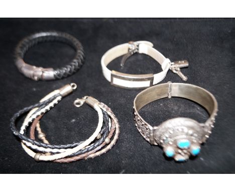 2 Silver mounted bracelets together with a silver mounted watch strap &amp; eastern white metal bangle(possibly silver)
