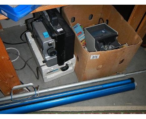 An old projector, screen etc.,