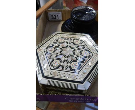 A stonecraft dish, a trinket pot and a mother of pearl box.