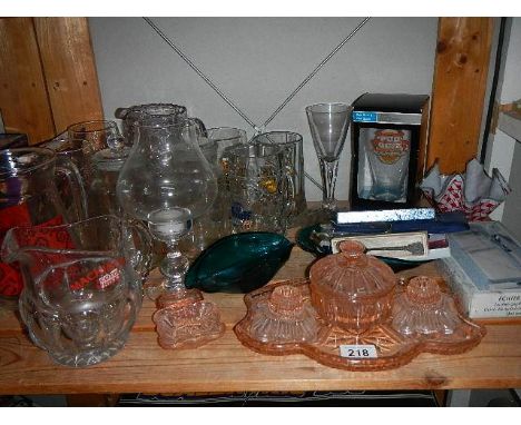 A shelf of assorted glass ware etc.,