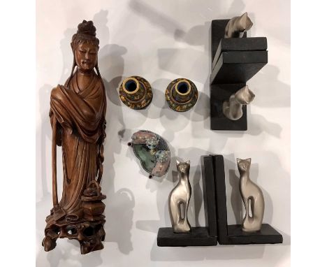 A pair of cloisonné vases on stands, a figure group of ceramic foo dogs, four metal cat bookends and a carved wooden Chinese 