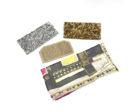 Three beaded clutch bags and a silk scarf by Jacques Esterel