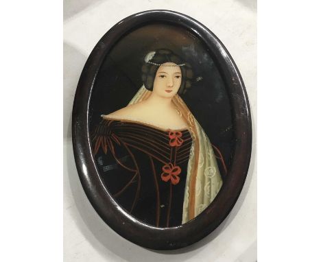 Chinese reverse painted glass portrait, oval framed, 25cm x 16cm