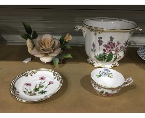 A Spode Stafford Flowers twin handled jardiniere, Wigela, Lavender and Campanula pattern, on gilded lobed circular foot, 17cm