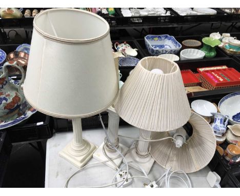A blanc de chine Corinthian style table lamp H: 32.5 cm and two other examples (3)