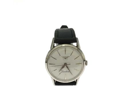 Longines, a stainless steel Jamboree wrist watch, white dial, manual wind movement, fitted to an unsigned black leather strap