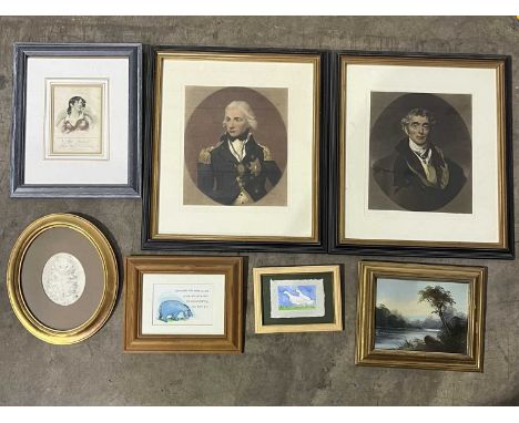 Seven furnishing pictures, including portrait prints of Horatian Nelson and the Duke of wellington, a framed Eeyore postcard 