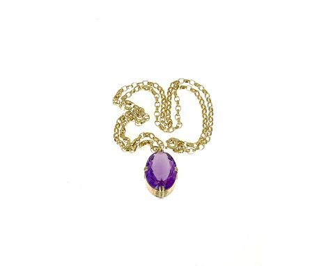 A 9ct gold amethyst single-stone pendant, suspended from a 9ct gold belcher-link chain, 7.3g