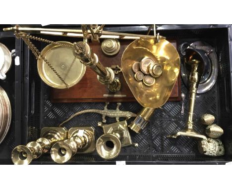 Metalware including Bartlett &amp; Sons brass pan scales and weights, variuos candlesticks, ornaments and miniature Davey lam