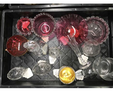 A collection of 19th century and later glass including George III Lemon squeezer salts, a William Yeoward decanter, cranberry
