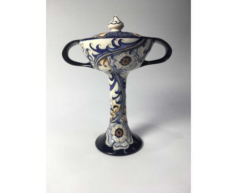 Emma Bossons for Moorcroft, an Aurelian Dream bonbonnier, circa 2015, twin handled pedestal form, the lid with flower bud fin