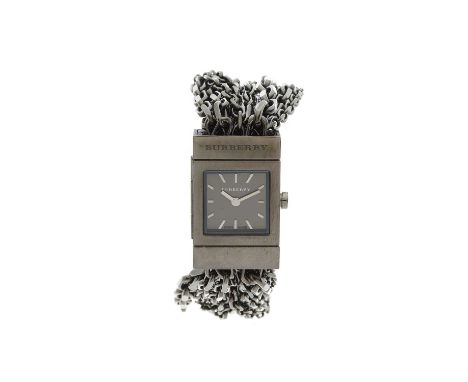 Burberry, a multi-chain bracelet wristwatch, featuring a black PVD coated stainless steel case and a rectangular dial, detail