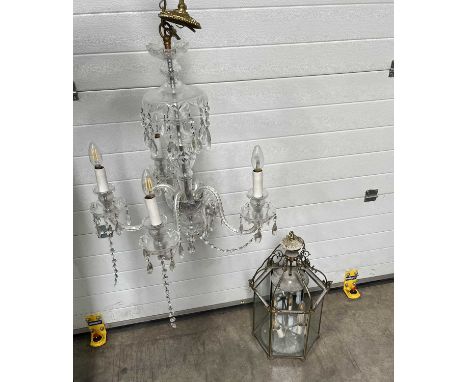 A hexagonal brass framed hall lantern, with six branch light fitting and bevelled glass panes, together with a glass five bra
