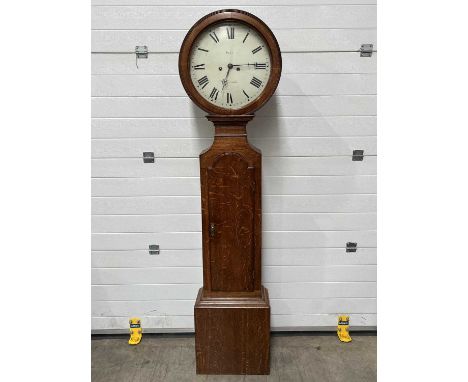 A George III oak, "drum top" grandfather clock, with a lift up class front W: 44 cm D: 22 cm H: 202 cm