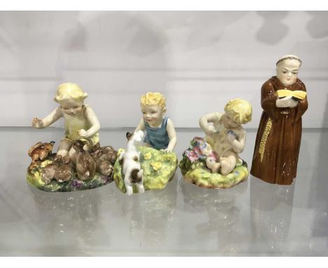 F G Doughty, three Royal Worcester figures, including A Woodland Dance, Two Babies, and Mischief, all circa 1940-1950, togeth
