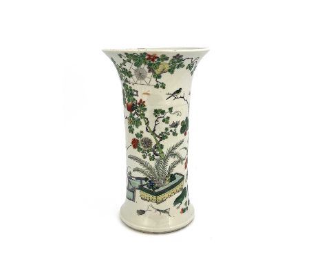 A Chinese famille verte vase, Qing dynasty, Kangxi mark and possibly of the period, Gu form painted in the round with natural