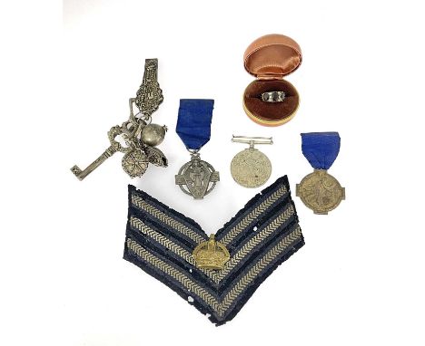 A Continental white metal chatelaine, a silver gilt stone set dress ring, a WWI sterling silver 1914-1918 Masonic hallstone j