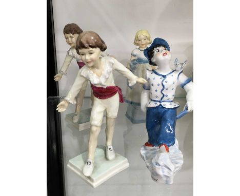 Four Royal Worcester figures, including Early Bird by Pinder Davis, circa 1954, 6cm high; F G Doughty Masquerade Boy, another
