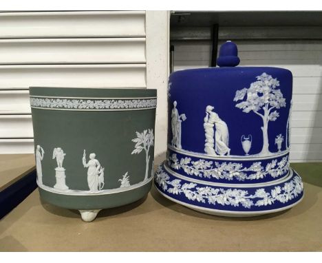 A Ridgeway blue jasper ware cheese dome and stand, sprigged decorated with classical figures and acorn and oakleaf border, ci