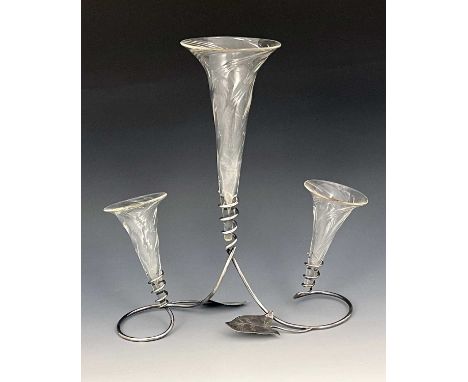 An Arts and Crafts silver plated and glass epergne, the wire stand in the form of an ivy vine with coiled tendrils supporting