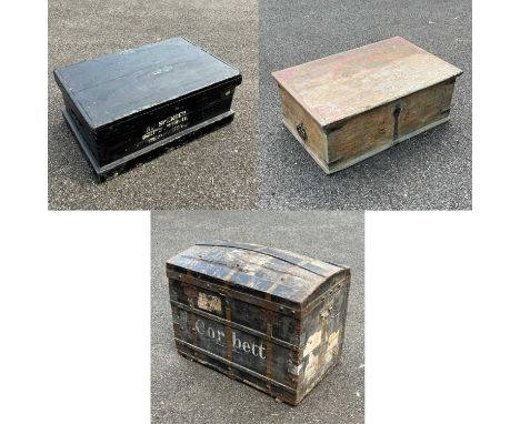 A Dome top trunk and two painted pine chests (3)
