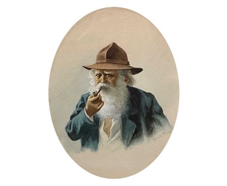 Italian School, early 20th Century, portrait of a bearded man, bust-length smoking a pipe, oval, indistinctly signed l.r., wa