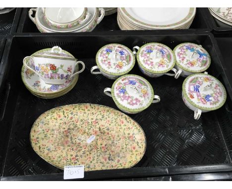 A set of six Hammersley covered soup bowls and stands, a Locke &amp; Co blush ivory pot, a white metal lidded cut glass pot, 