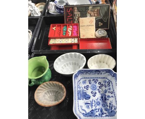 A Chad Valley Mah Jongg set and another board game, a Spode blue and white bowl, jelly moulds, The Adaptable Hot Water Bottle