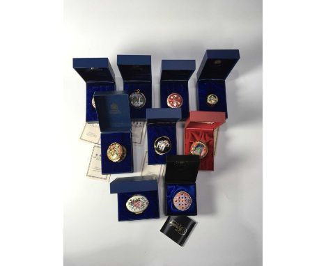 Nine Halcyon Days enamelled trinket/patch boxes, various forms and designs including commemorative Christmas boxes and a Chri