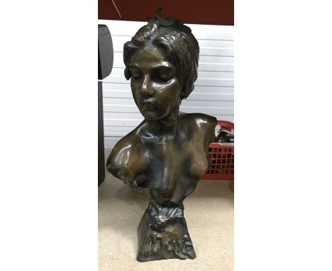 Bronzed cast bust, After Villanis, Diane, nude portrait bust on flared block supports, 37cm high