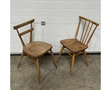 An Ercol blond elm stickback kitchen chair, together with a tapered back example, 80cm high (2)