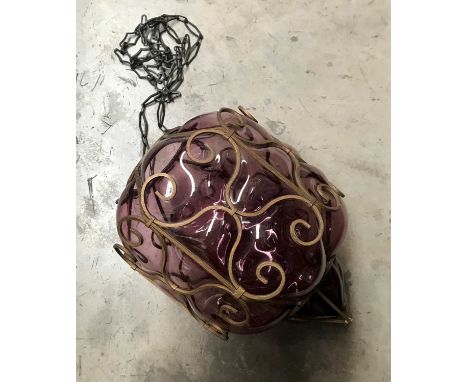 Hand blown purple caged glass pendant light in the manner of the Seguso factory, Murrano, 29cm
