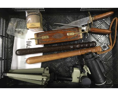 Two Victorian turned wooden truncheons, together with an Indian engraved wooden cased knife and fork set and a monocular sigh