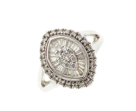 A 14ct gold vari-cut diamond cluster dress ring, with openwork shoulders, estimated total diamond weight 0.80ct, band stamped