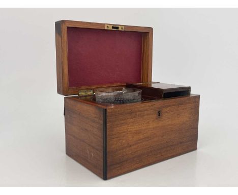 A Victorian rosewood and mahogany tea caddy, circa 1870, cuboid form with ebonised moulded edges, the interior with single re