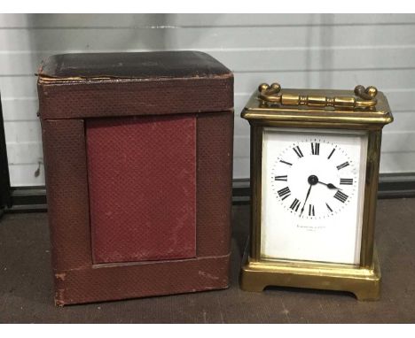 An Elkington &amp; Co brass carriage clock, in a fitted carriage case, 11cm high