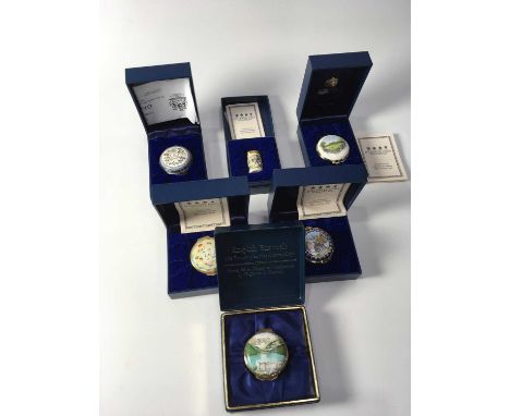 Six Halcyon Days Enamelled patch/pill boxes, including a cylindrical example decoratred with Noah's Ark and a procession of a