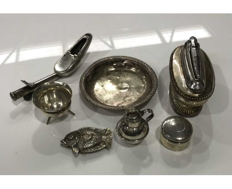 A hallmarked silver pin or trinket dish, silver tripod base salt, rouge pot, plated medicine spoon, fish brooch and Ronson pl