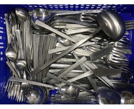 Gerald Benney for Viners, a collection of bark effect cutlery, including ladle and serving spoons