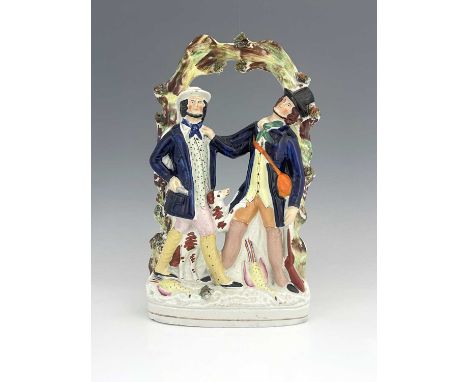 A Staffordshire figure group of gentleman hunters in confrontation under an arched forest bower with game birds, circa 1850, 