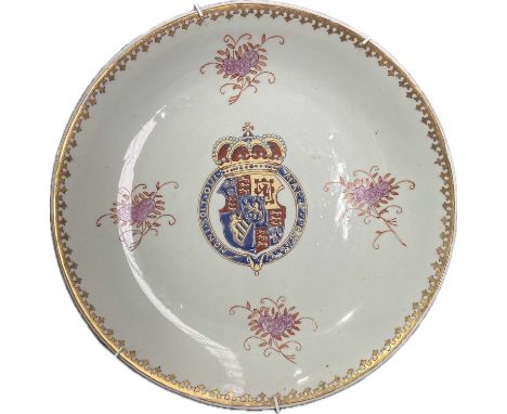 A Chinese export plate with central crested shield of arms together with another Chinese export plate with a central crowned 