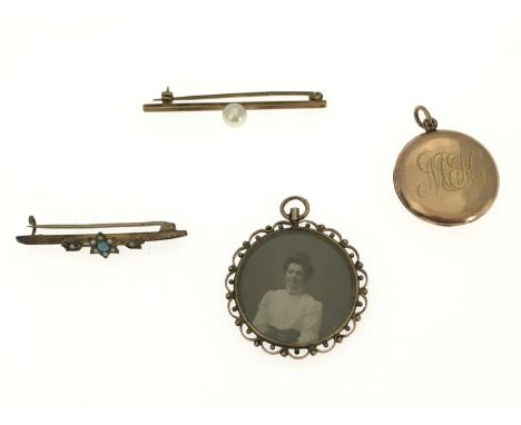 Two 9ct gold bar brooches, a 9ct gold locket with engraved monogram and a double sided glazed portrait pendant, with openwork