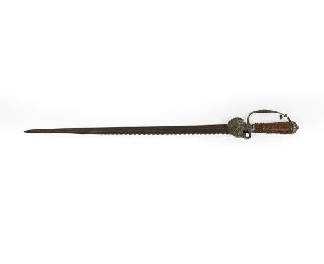 An Early 18th Century English Hunting Sword, the 54.5cm double edge steel blade with two narrow fullers to each side and saw 