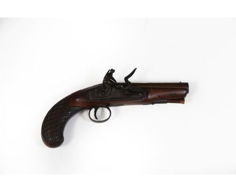 An Early 19th Century Flintlock Greatcoat Pistol, the 12.5cm  round steel barrel with Birmingham proof marks, the lock plate 