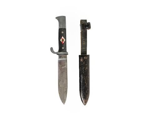 A German Third Reich Hitler Youth Knife, the 14cm single edge broad steel blade marked with RZM log M7/80 39 for Gustav C. Sp