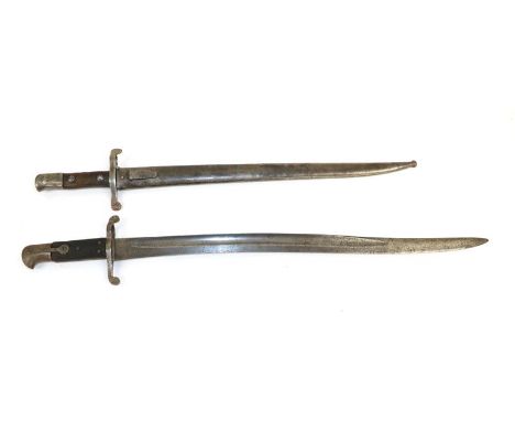 A British 1856 Pattern Yataghan Sword Bayonet, the blade stamped with Sold Out of Service arrows, lacks scabbard; a Portugues