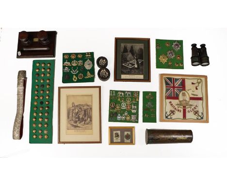 A Quantity of Militaria, including four small display boards of cap and collar badges and shoulder titles, a display board of