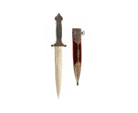 An Early 20th Century Russian Knife, the 22cm double edge plated steel blade with a central narrow fuller, each side etched w