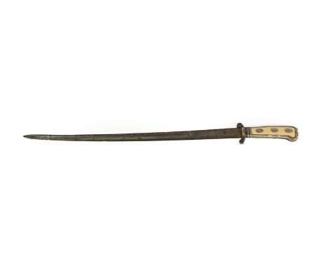 An 18th Century Continental Hunting Sword, the 57cm single edge fullered steel blade with semi scalloped back edge, engraved 