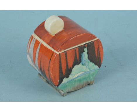 Clarice Cliff Art Deco Bizarre range 'Forest Green' pattern 'Bonjour' shape lidded preserve pot (a few surface faults to pain